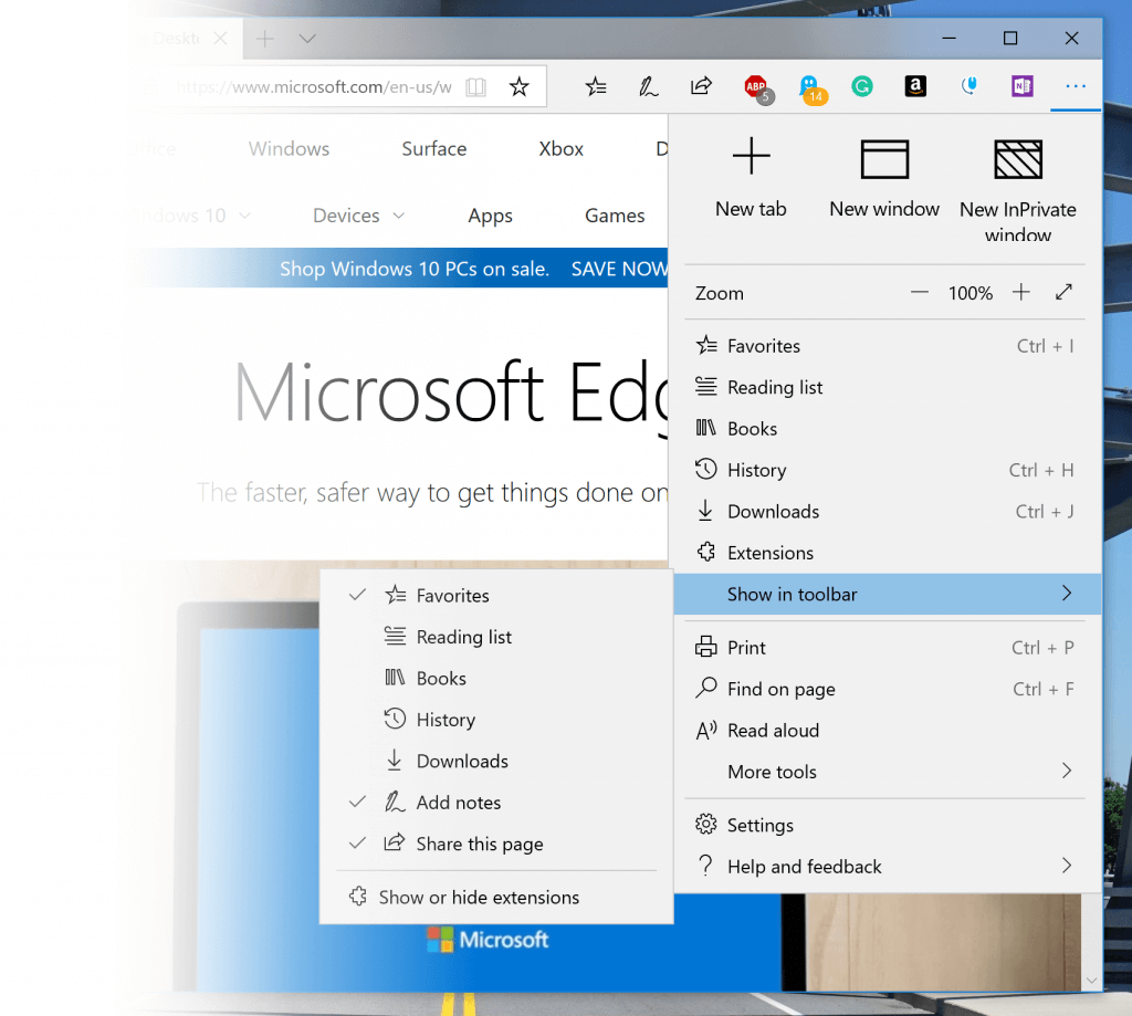 Showing the “…” menu, now with a few items collapsed under chevrons (in this picture, “Show in toolbar” is expanded).