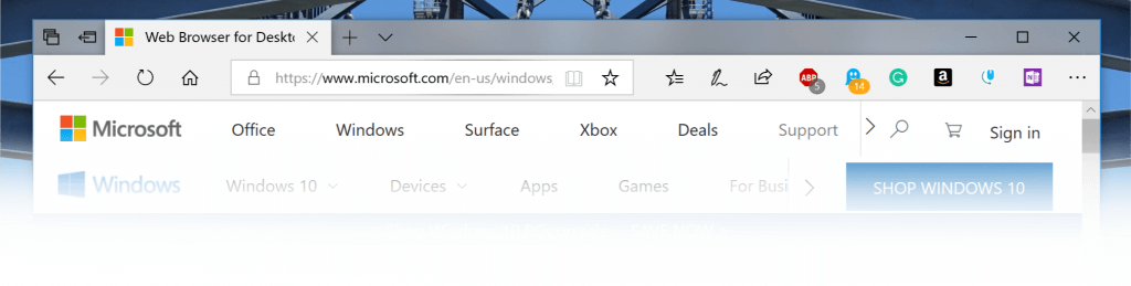 Отображение панели вкладок в Microsoft Edge с новыми тенями.