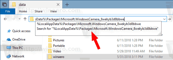 Папка приложения камеры Windows 10