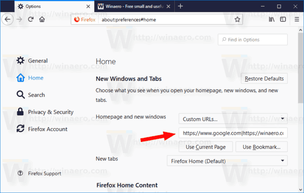 Firefox Home Page Custom Urls
