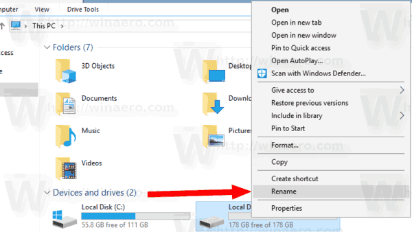 Windows 10 Изменить метку диска на этом ПК 2