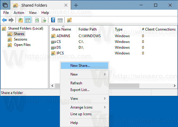 Windows 10 Shared Folders MMC 2