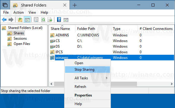 Windows 10 Shared Folders MMC 3