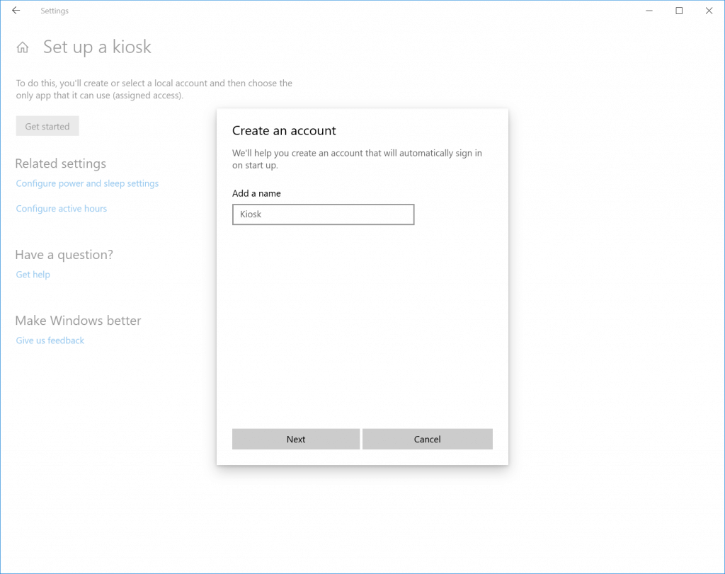Set up a kiosk Settings page. Showing floating dialog “Create an account”.