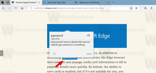 Microsoft Edge Lookup Definitions