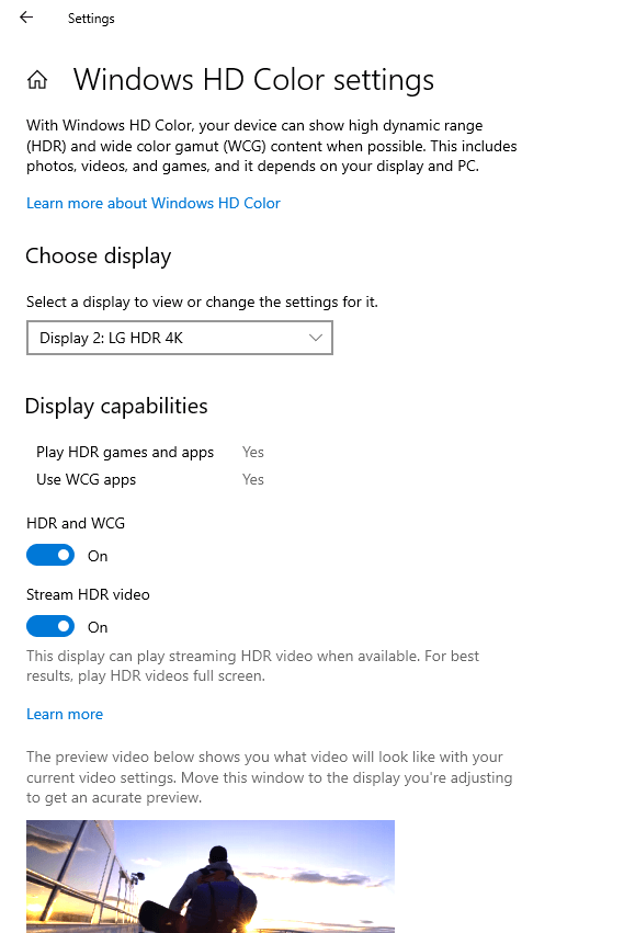 Settings Windows HD Color Settings