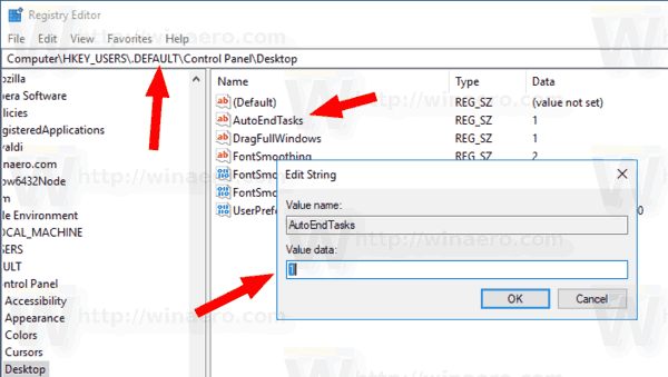 Windows 10 Enable AutoEndTasks For All Users
