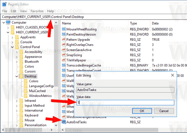 Windows 10 включает AutoEndTasks для текущего пользователя