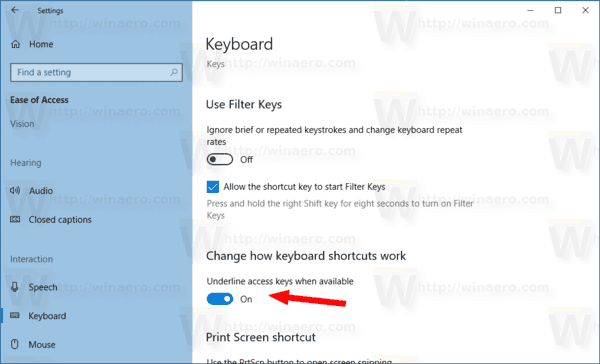 Windows 10 Enable Underline Access Keys
