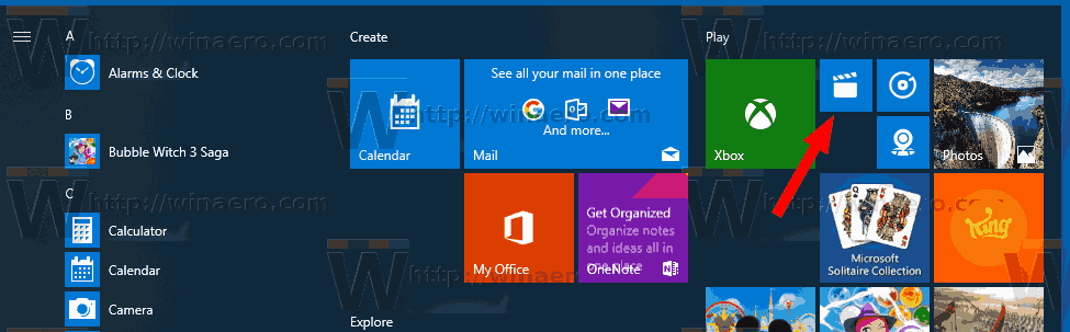 Windows 10 Movies And TV Start Menu Tile 