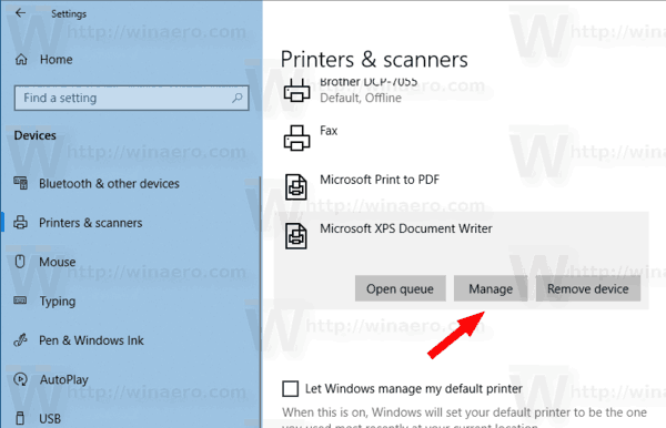 Windows 10 Printers Manage Button