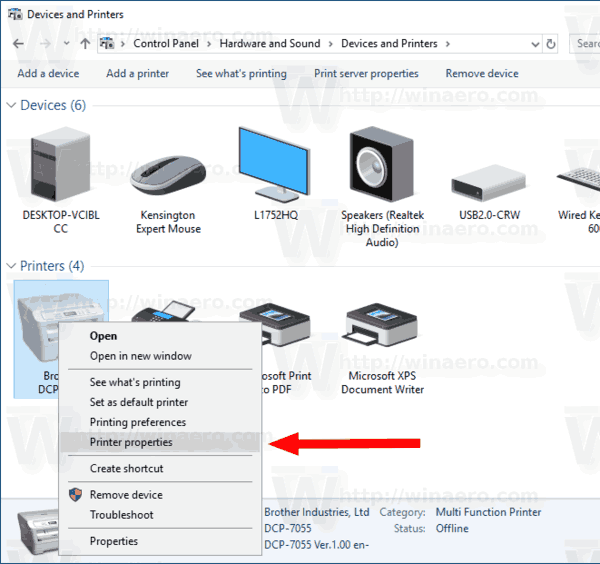 Контекстное меню свойств принтера в Windows 10