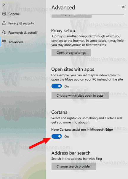 Отключить Кортану в Microsoft Edge в Windows 10