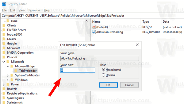 Microsoft Edge Disable Tab Preloading Registry