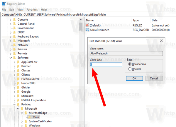 Microsoft Edge Prevent Pre Launching Registry Tweak