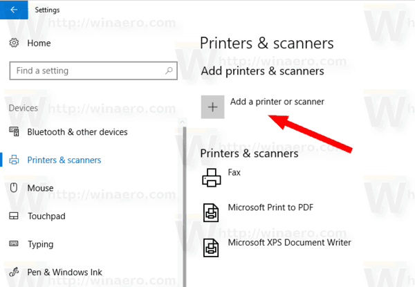 Кнопка добавления принтера или сканера в Windows 10