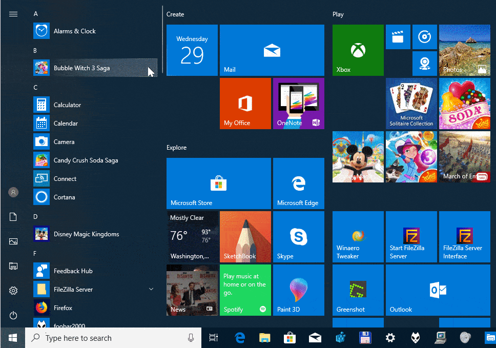 Windows 10 переместить плитку в небольшую группу