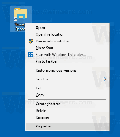Windows 10 Storage Spaces Shortcut Menu