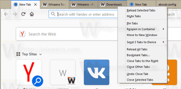 Firefox Selected Multiple Tabs Menu