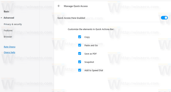 Opera 57 Manage Quick Access Pane