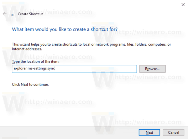 Ярлык для создания параметров синхронизации в Windows 10