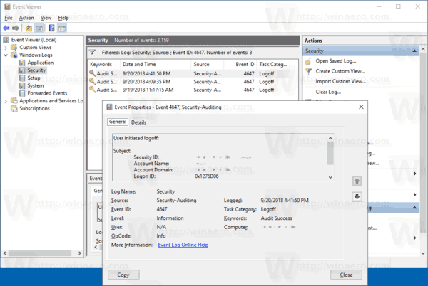 Windows 10 Event Log Filtered By Logoff