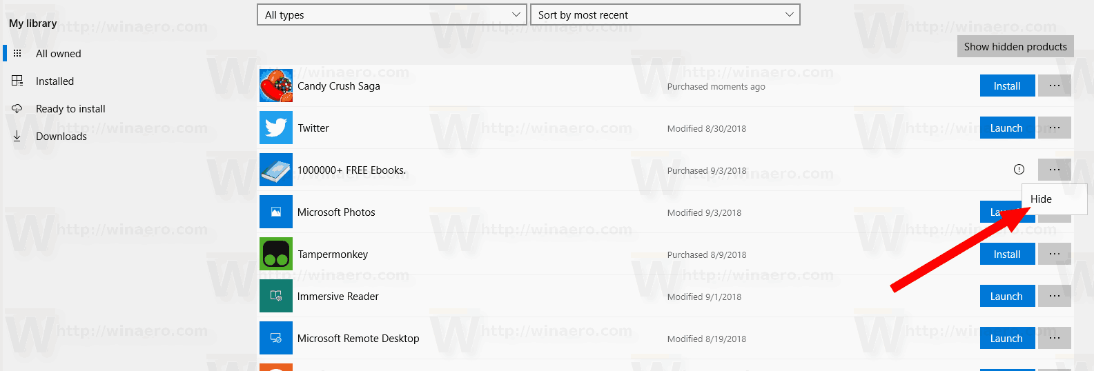 Магазин Windows 10 Скрыть приложение из моей библиотеки