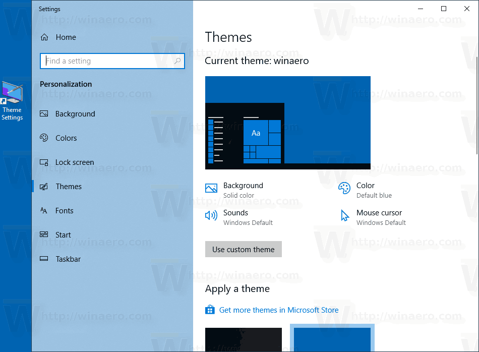 Ярлык настроек темы Windows 10 в действии