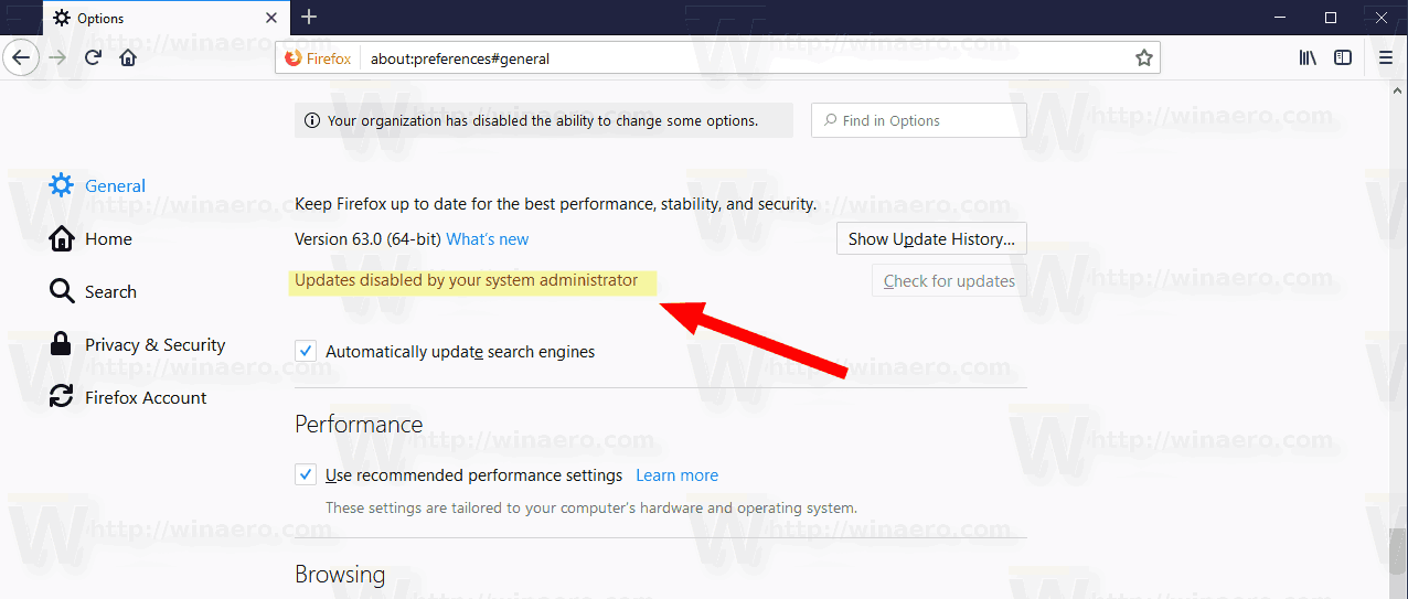 Обновления Firefox 63 отключены