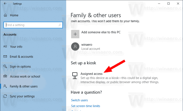 Кнопка назначенного доступа Windows 10
