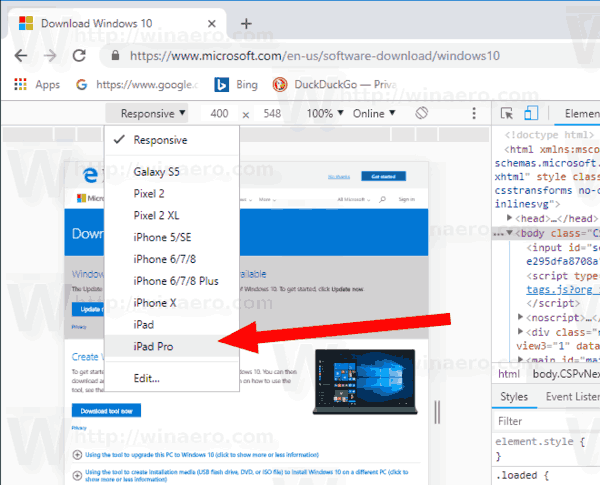 Windows 10 Chrome Developer Tools Change Device