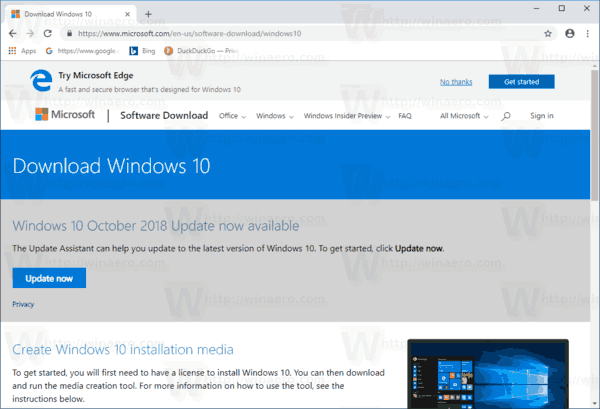 Windows 10 Default Download Page