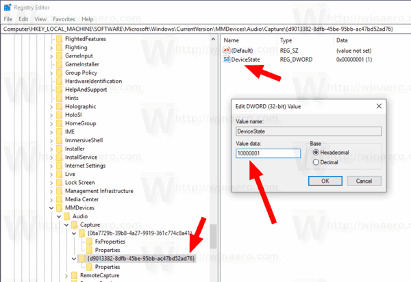 Настройка реестра отключения микрофона в Windows 10
