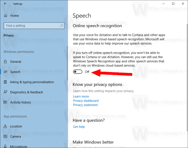 Windows 10 Отключить распознавание речи в Интернете