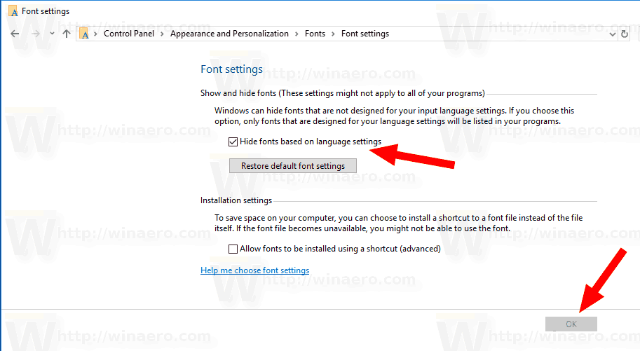 Windows 10 скрывает шрифт на основе языковых настроек