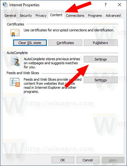 Windows 10 Internet Options Content Tab