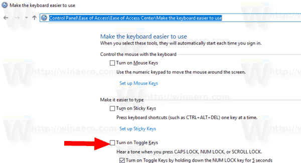 Enable Toggle Keys Control Panel Windows 10