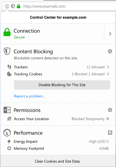 Firefox 65 Site Information Flyout