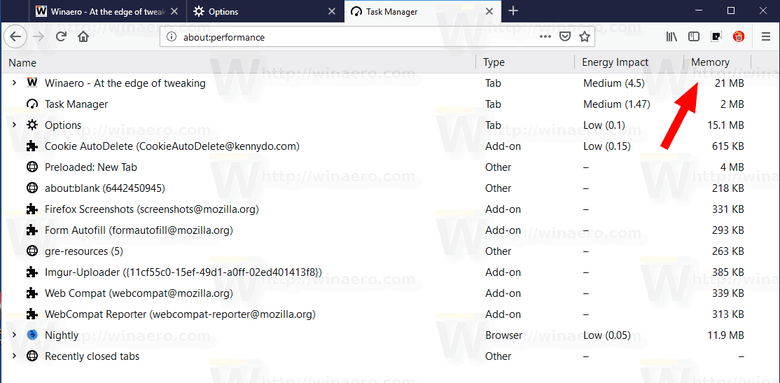 Firefox 65 Task Manager Memory Column 