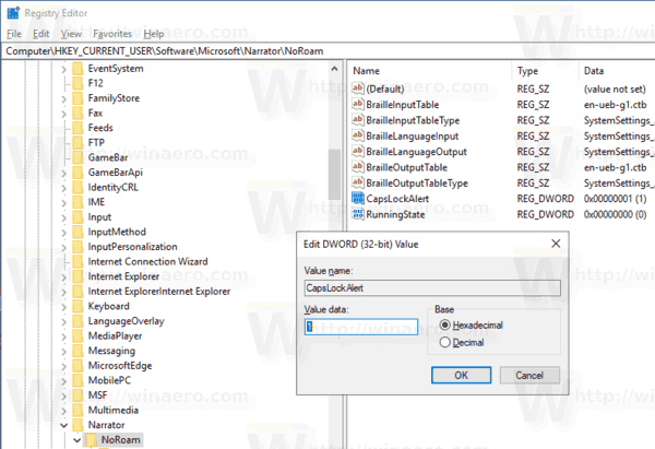 Narrator Caps Lock Warnings Windows 10 Registry