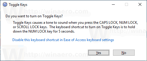 Toggle Keys Confirmation Windows 10