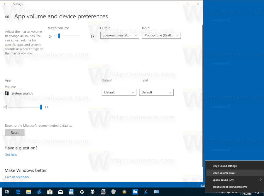 Windows 10 Build 18272 Volume Mixer 