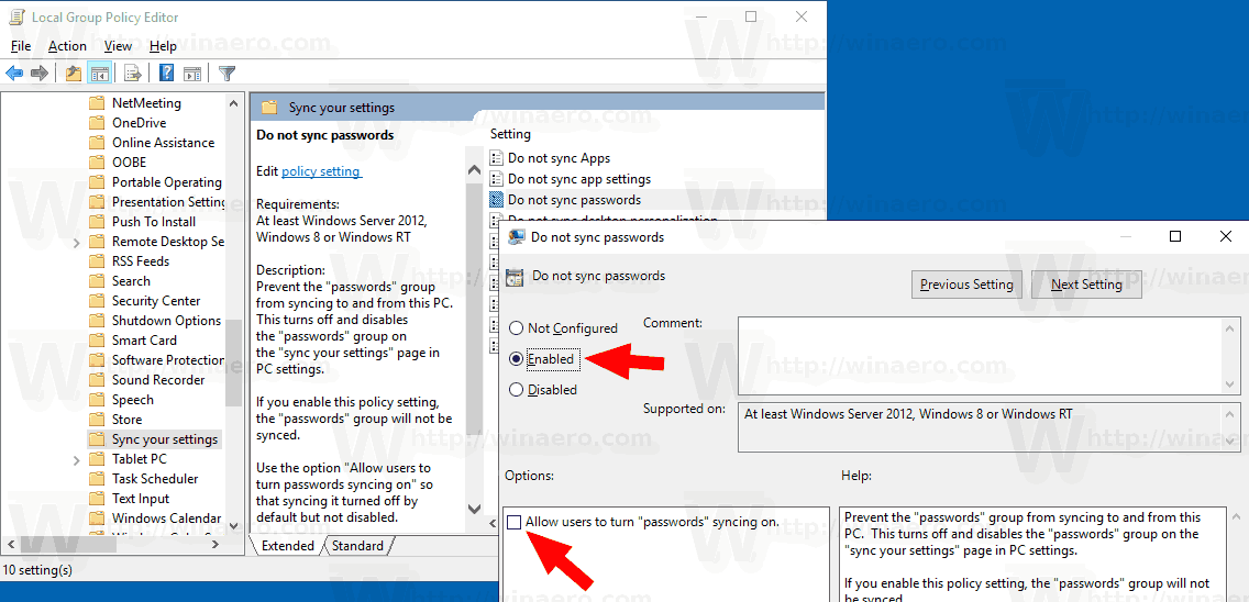 Windows 10 Disable Password Sync GP 