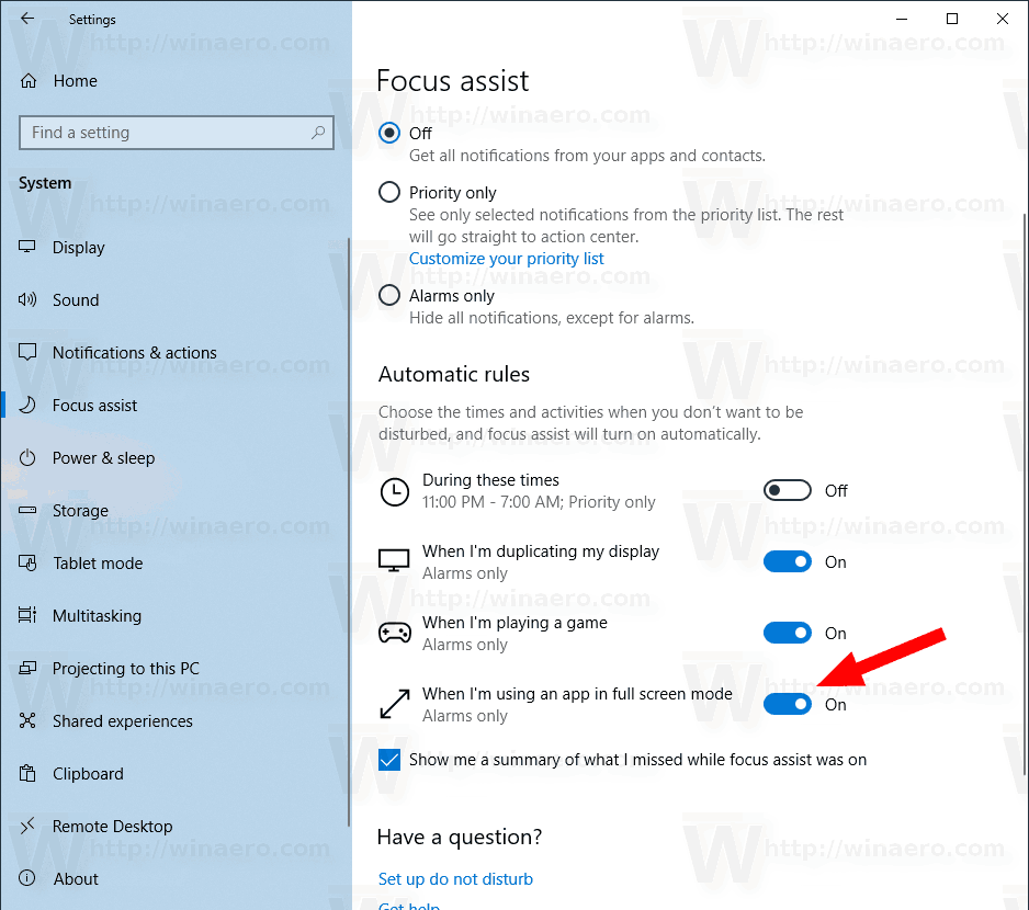 Windows 10 Focus Assist Fullscreen Rule 