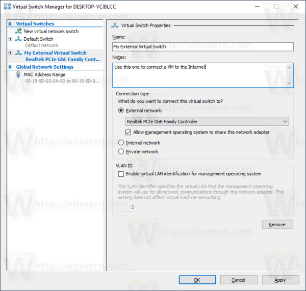 Windows 10 Hyper V Создать новый виртуальный коммутатор 3