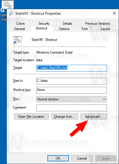 Windows 10 Hyper V VM Shortcut Properties