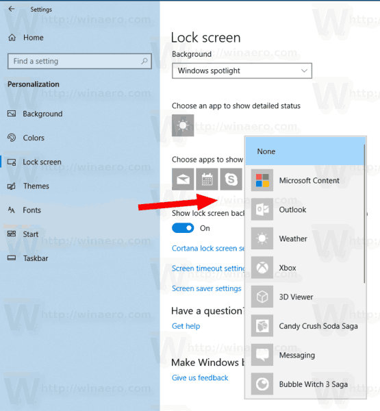 Экран блокировки Windows 10 Выберите приложение для быстрого состояния 1
