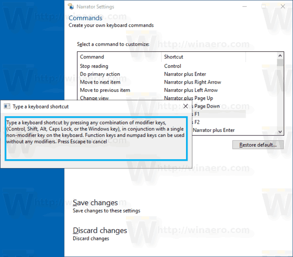 Windows 10 Narrator Command Assing New Shortcut