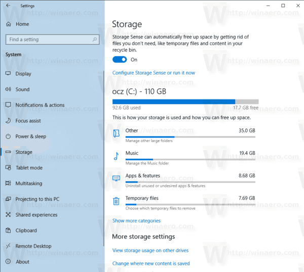 Windows 10 Build 18277 Storage Page
