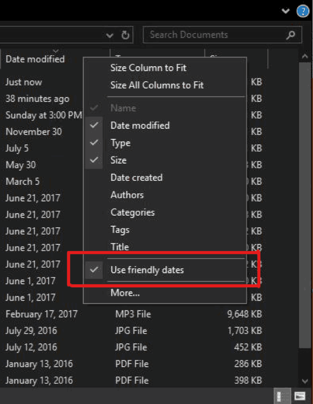 Showing context menu for when you right-click the column header, with option saying Use Friendly Dates. Date format is more conversational.